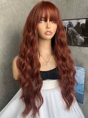 Internet Celebrity Dirty Orange Long Curly Hair French Style Big Wave Straight Bangs Artificial Fashion Fashion High-Temperature Fiber Wig Female Headgear