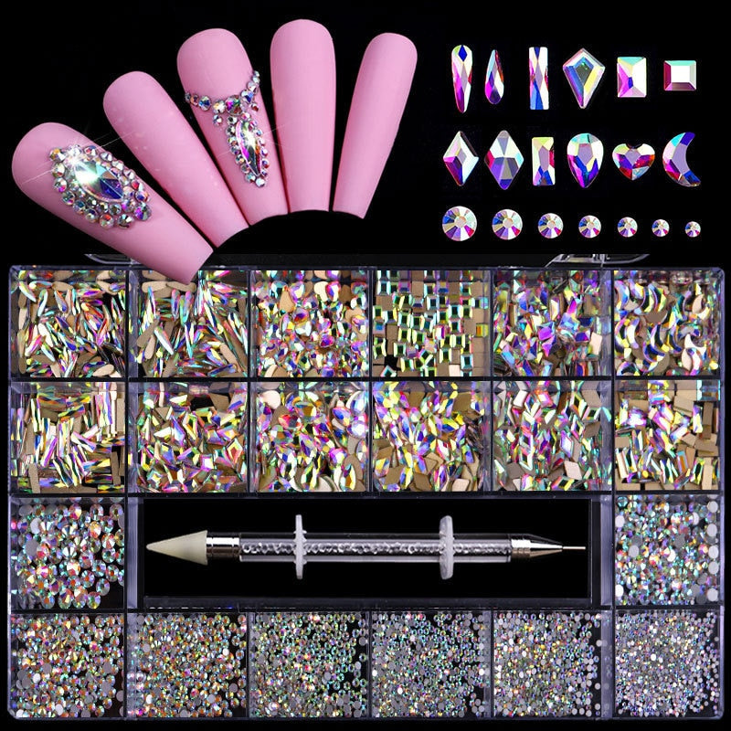 Luxury Shiny Diamond Nail Art Rhinestones Kit Glass Crystal Decorations Set  1pcs Pick Up Pen In Grids Box 21 Shapes of 2500pcs