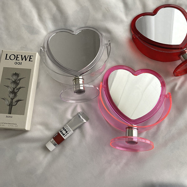 INS Korean Style Heart Shaped Cosmetic Mirror Acrylic Transparent Base Makeup Mirror Double Side Home Bedroom Desktop Mirror