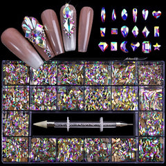 Luxury Shiny Diamond Nail Art Rhinestones Kit Glass Crystal Decorations Set  1pcs Pick Up Pen In Grids Box 21 Shapes of 2500pcs