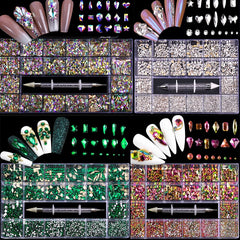 Luxury Shiny Diamond Nail Art Rhinestones Kit Glass Crystal Decorations Set  1pcs Pick Up Pen In Grids Box 21 Shapes of 2500pcs