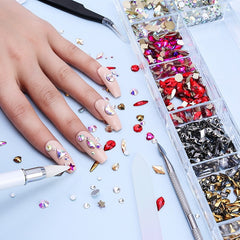 Luxury Shiny Diamond Nail Art Rhinestones Kit Glass Crystal Decorations Set  1pcs Pick Up Pen In Grids Box 21 Shapes of 2500pcs