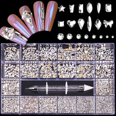 Luxury Shiny Diamond Nail Art Rhinestones Kit Glass Crystal Decorations Set  1pcs Pick Up Pen In Grids Box 21 Shapes of 2500pcs