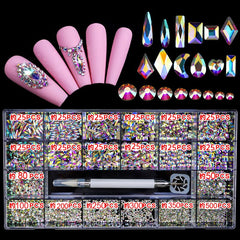 Luxury Shiny Diamond Nail Art Rhinestones Kit Glass Crystal Decorations Set  1pcs Pick Up Pen In Grids Box 21 Shapes of 2500pcs