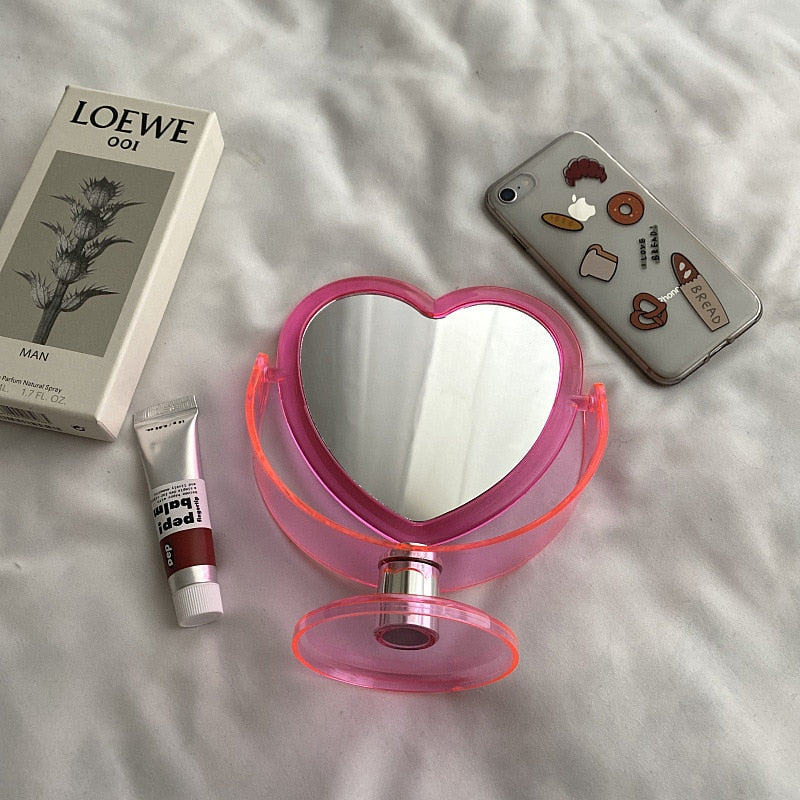 INS Korean Style Heart Shaped Cosmetic Mirror Acrylic Transparent Base Makeup Mirror Double Side Home Bedroom Desktop Mirror