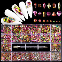 Luxury Shiny Diamond Nail Art Rhinestones Kit Glass Crystal Decorations Set  1pcs Pick Up Pen In Grids Box 21 Shapes of 2500pcs