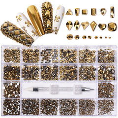 Luxury Shiny Diamond Nail Art Rhinestones Kit Glass Crystal Decorations Set  1pcs Pick Up Pen In Grids Box 21 Shapes of 2500pcs