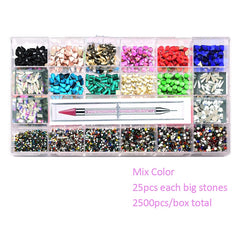 Luxury Shiny Diamond Nail Art Rhinestones Kit Glass Crystal Decorations Set  1pcs Pick Up Pen In Grids Box 21 Shapes of 2500pcs